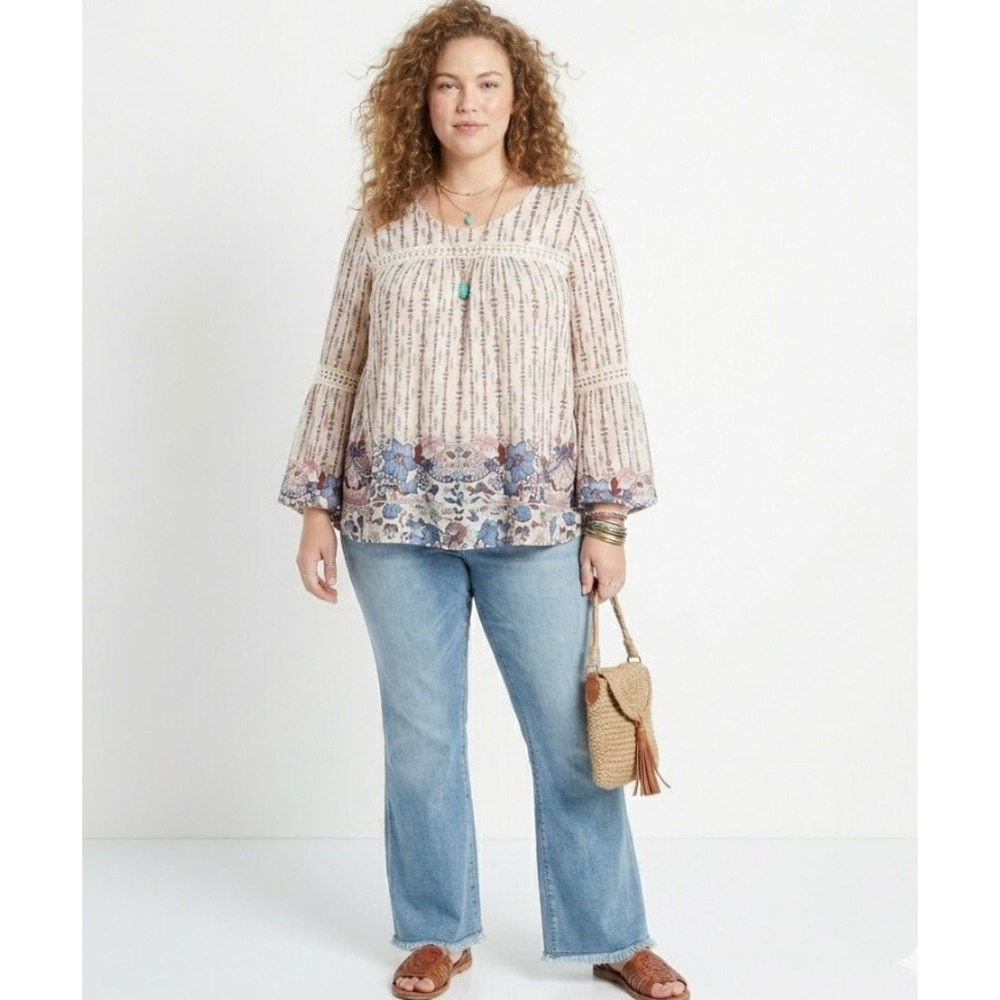 Style & Co Blouse XL Peasant Cream Floral Crochet Lace Bell Sleeve Boho